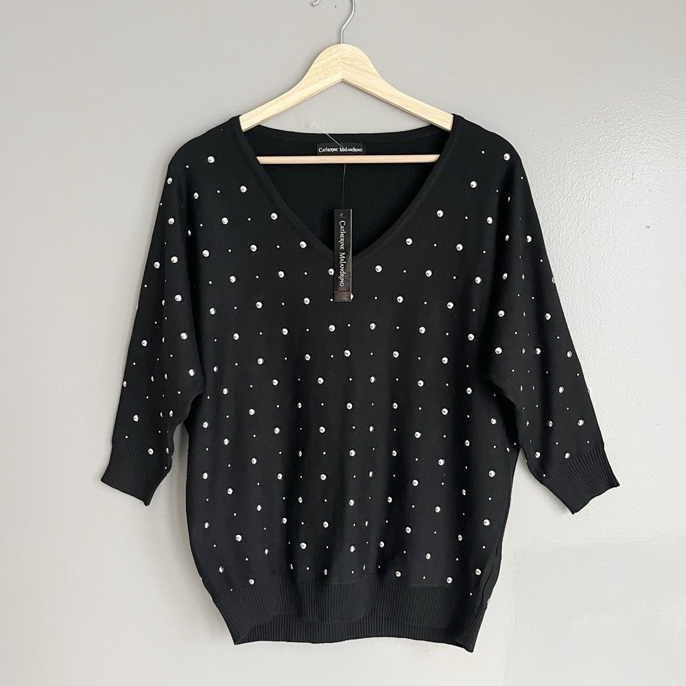 Catherine Malandrino Embellished Sweater Black V Neck 3/4 Sleeve Large NWT